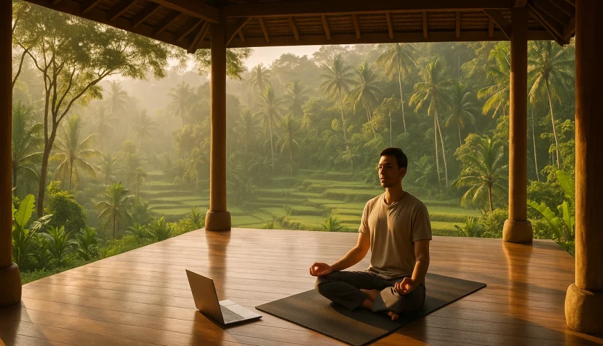 Peaceful yoga shala in Ubud surrounded by lush jungle and rice terraces. A person meditating after work with a laptop nearby, blending wellness and remote work lifestyle, soft morning light, tranquil and inspiring mood