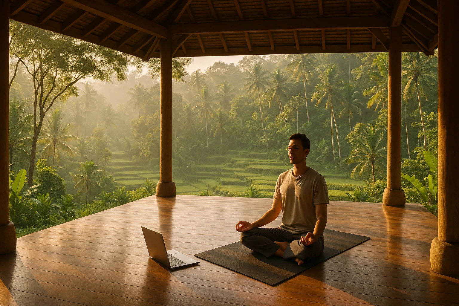 Peaceful yoga shala in Ubud surrounded by lush jungle and rice terraces. A person meditating after work with a laptop nearby, blending wellness and remote work lifestyle, soft morning light, tranquil and inspiring mood