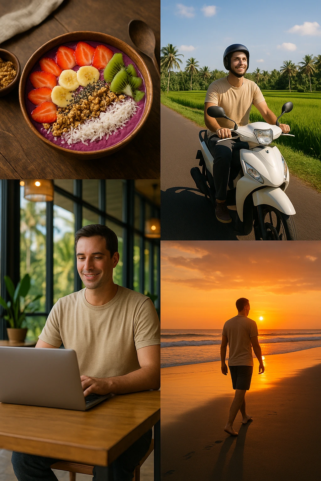 Day-in-the-life collage of a Bali digital nomad: smoothie bowl breakfast, scooter ride through rice fields, laptop work session at coworking space, evening beach walk with sunset