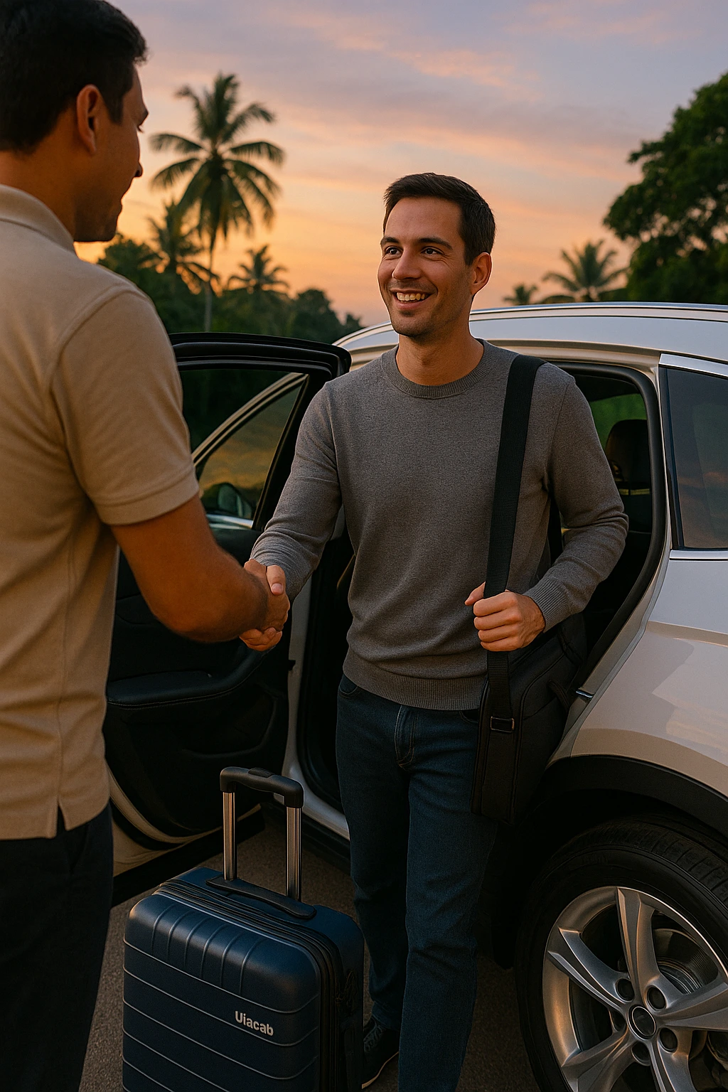 Happy digital nomad being picked up by a private Ulacab at dawn for an early airport run. Clean car interior, suitcase and laptop bag, stress-free travel vibe, Ulacab logo subtly included, modern and premium look