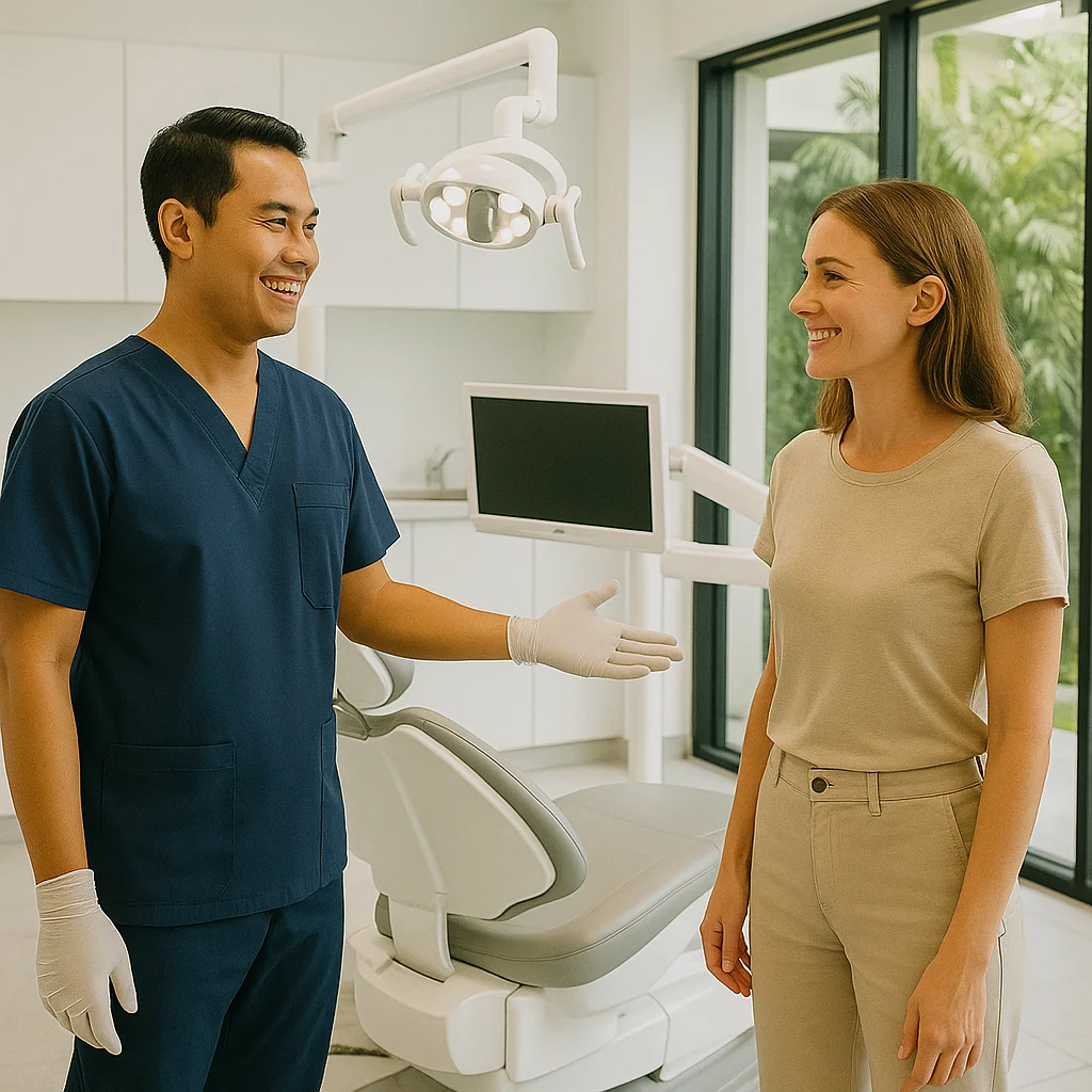 Modern dental clinic in Bali, sleek interiors, international standard equipment, smiling dentist wearing professional uniform, welcoming patient, bright and clean environment, editorial photo style