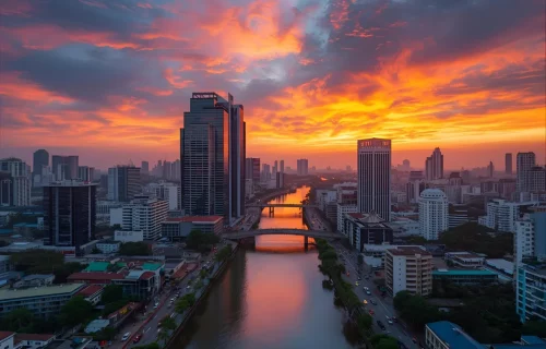 Wide, clean boulevards of Phu My Hung in District 7, Ho Chi Minh City, modern urban planning with stylish cafes, palm trees lining the street, high-end residential buildings, families walking and cycling, peaceful and organized atmosphere, ultra-realistic 4K photography, clear sky.