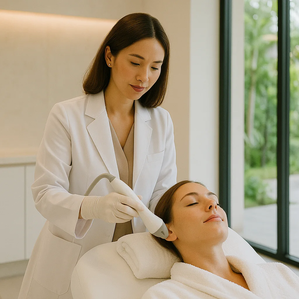 High-end Bali aesthetic clinic, professional doctor performing non-invasive facial treatment, soft natural lighting, luxury minimalist interiors, calm and professional atmosphere