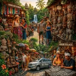 Collage-like scene of Bali’s vibrant art markets in 2025 — Ubud’s colorful textiles, Sukawati’s carved masks, Tegenungan’s jungle crafts, Kumbasari’s ceremonial art, and Celuk’s silver jewelry. Local artisans and happy travelers, warm golden hour lighting, tropical atmosphere, with a subtle Ulacab private vehicle parked nearby. Cinematic, high-resolution, perfect for a blog cover.