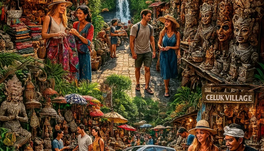 Collage-like scene of Bali’s vibrant art markets in 2025 — Ubud’s colorful textiles, Sukawati’s carved masks, Tegenungan’s jungle crafts, Kumbasari’s ceremonial art, and Celuk’s silver jewelry. Local artisans and happy travelers, warm golden hour lighting, tropical atmosphere, with a subtle Ulacab private vehicle parked nearby. Cinematic, high-resolution, perfect for a blog cover.
