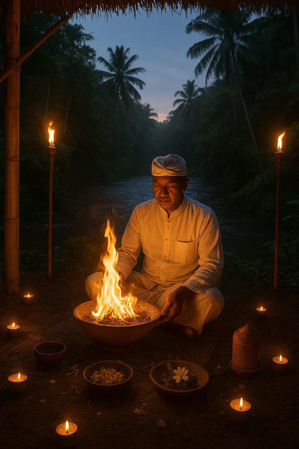 Balinese healer performing a traditional fire ceremony near a river at dusk, surrounded by flickering candles, bamboo structures, and tropical jungle backdrop, spiritual and mystical atmosphere, high-resolution, National Geographic style.