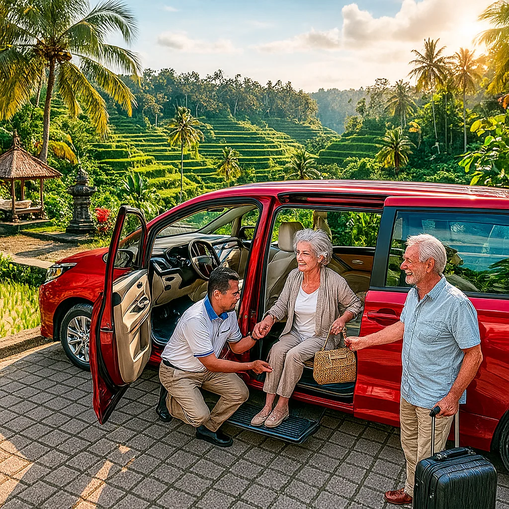 A senior-friendly minivan with wide doors and step-assist, parked near a rice terrace in Bali, with a smiling driver helping an elderly traveler get in comfortably. Bright, friendly colors, travel photo style."