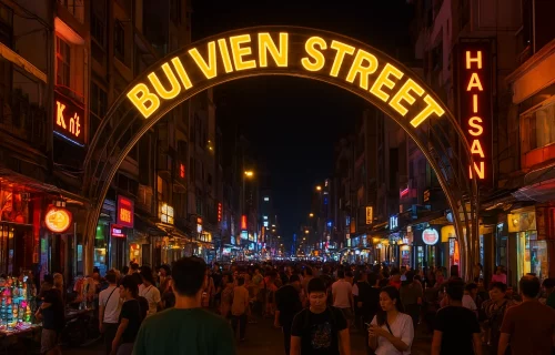 Night view of Bui Vien Street in Ho Chi Minh City with a glowing neon arch sign and crowded street filled with people and colorful shop lights.