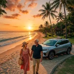 A peaceful Bali scene designed for senior travelers in 2025 — a couple of happy elderly travelers walking slowly along a calm Sanur beach at sunset, with a comfortable Ulacab private vehicle parked nearby. The atmosphere should feel warm, safe, and welcoming, showcasing Bali’s serene side. Include palm trees, soft golden lighting, and easy walking paths. No text, no logos, cinematic and travel-magazine quality