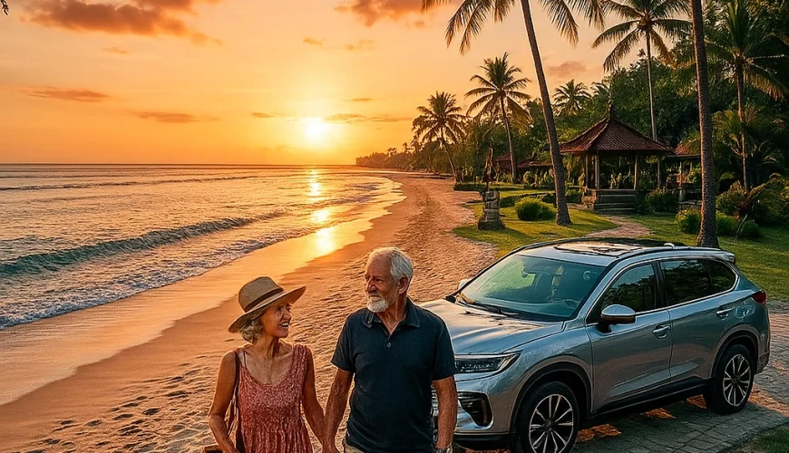 A peaceful Bali scene designed for senior travelers in 2025 — a couple of happy elderly travelers walking slowly along a calm Sanur beach at sunset, with a comfortable Ulacab private vehicle parked nearby. The atmosphere should feel warm, safe, and welcoming, showcasing Bali’s serene side. Include palm trees, soft golden lighting, and easy walking paths. No text, no logos, cinematic and travel-magazine quality