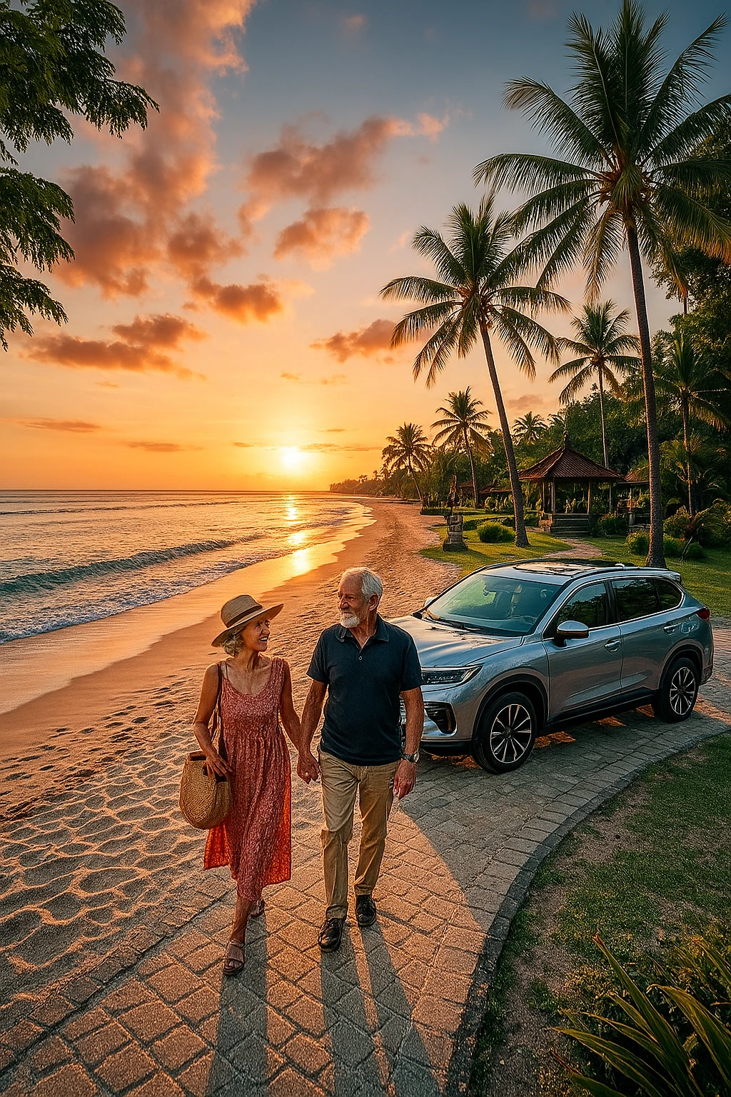 A peaceful Bali scene designed for senior travelers in 2025 — a couple of happy elderly travelers walking slowly along a calm Sanur beach at sunset, with a comfortable Ulacab private vehicle parked nearby. The atmosphere should feel warm, safe, and welcoming, showcasing Bali’s serene side. Include palm trees, soft golden lighting, and easy walking paths. No text, no logos, cinematic and travel-magazine quality