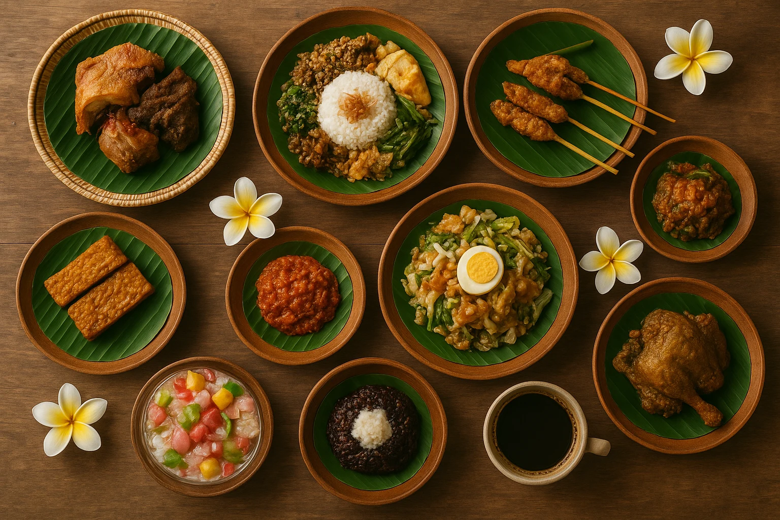 A flat-lay collage of 10 iconic Balinese dishes: babi guling, nasi campur, sate lilit, bebek betutu, gado-gado, tempeh sambal, es campur, bubur injin, kopi Bali, beautifully arranged on banana leaves and wooden plates, tropical flowers for decoration, natural light, editorial food styling.