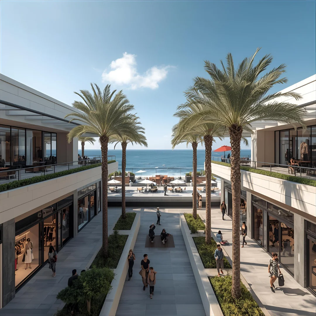 Modern, stylish shopping mall with palm trees, rooftop cafes, and luxury fashion stores like Zara and H&M. Ocean view in the background, families enjoying a relaxed day.
