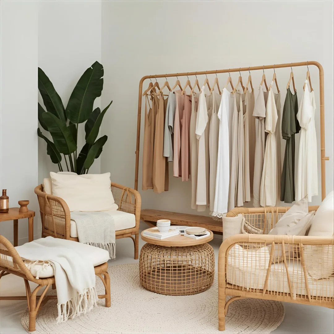 Minimalist Bali boutique interior with rattan furniture, soft pastel throws, and elegant resort wear on wooden racks. Clean, chic, Instagram-worthy vibe.