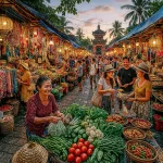 A cozy, local market scene near Sanur with fresh produce, textiles, and night market snacks. A relaxed, authentic vibe with local Balinese vendors smiling.