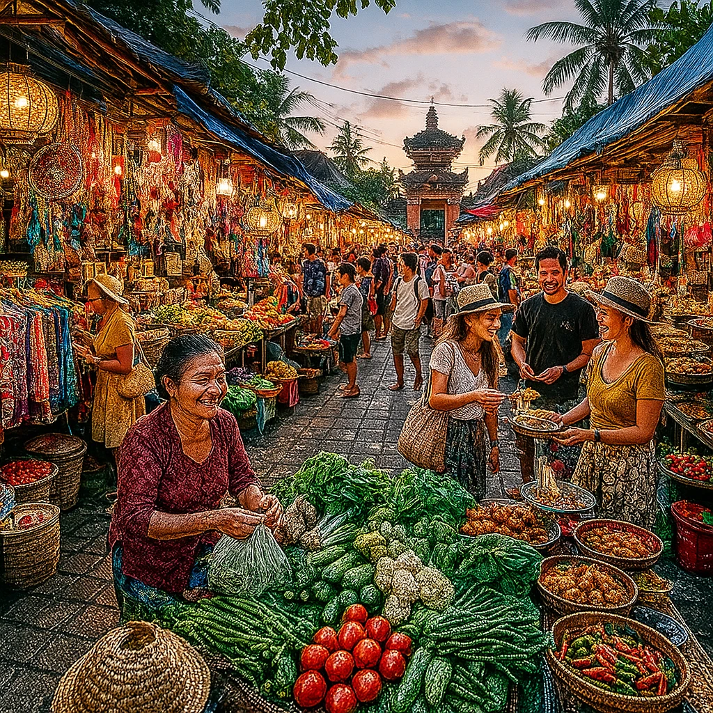 A cozy, local market scene near Sanur with fresh produce, textiles, and night market snacks. A relaxed, authentic vibe with local Balinese vendors smiling.
