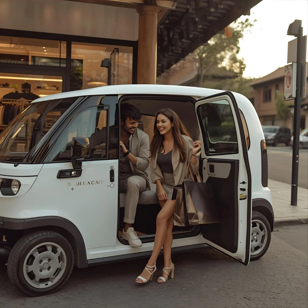 Happy couple leaving a boutique with shopping bags, getting into a clean, modern Ulacab vehicle with Bali streets in the background. Warm sunset light, stylish and safe vibe.
