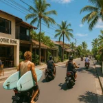 A lively street in Canggu filled with digital nomads on scooters, surfboards leaning on walls, smoothie bowl cafés, and trendy coworking spaces. Sunny tropical day, relaxed yet bustling vibe.