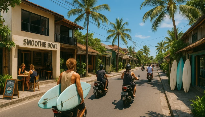 A lively street in Canggu filled with digital nomads on scooters, surfboards leaning on walls, smoothie bowl cafés, and trendy coworking spaces. Sunny tropical day, relaxed yet bustling vibe.