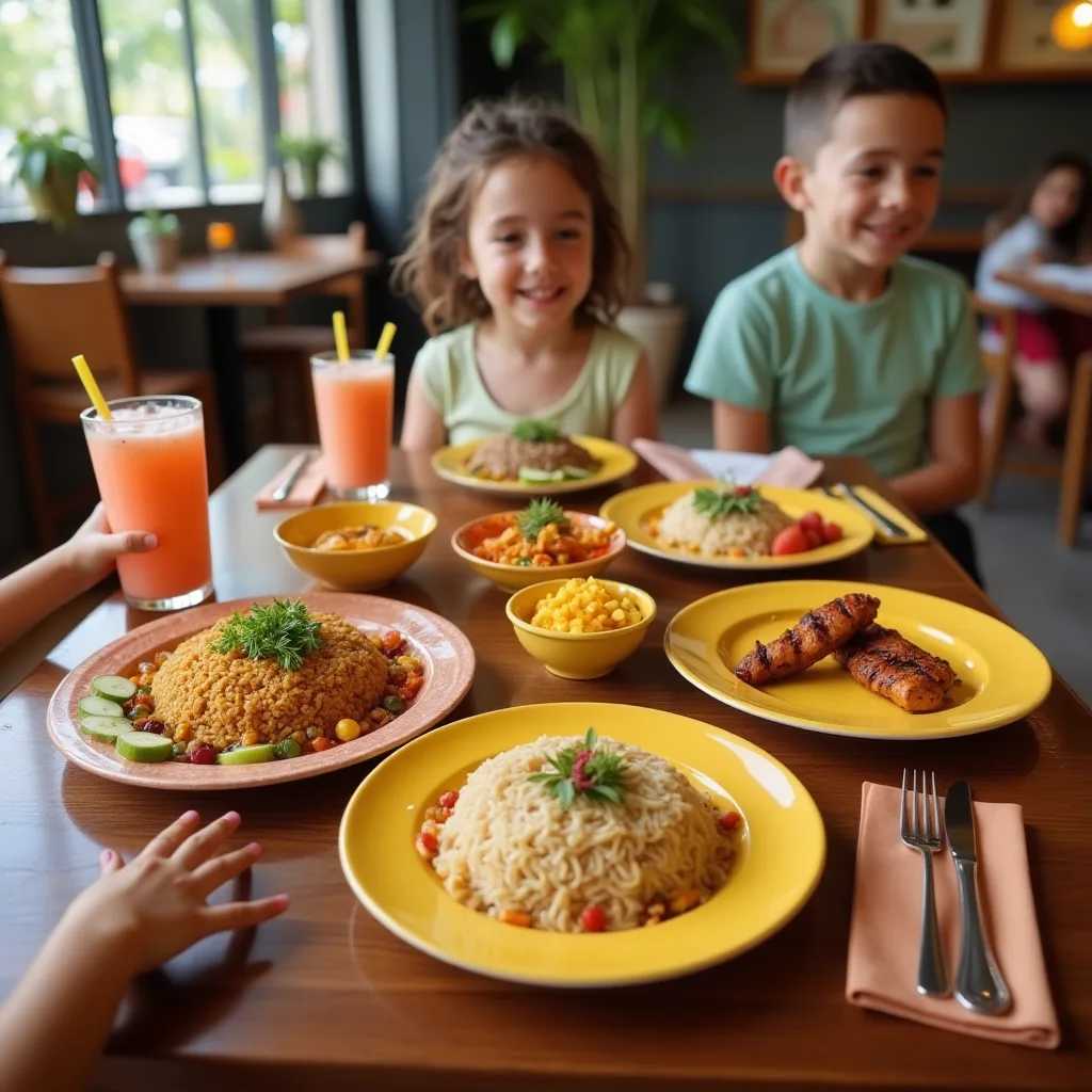 Colorful table spread with kid-friendly Balinese dishes: Nasi Goreng, Mie Goreng, Chicken Satay, Fresh fruit smoothies. Kids’ hands reaching for food, fun tropical plates, casual café setting with bright daylight and playful decor