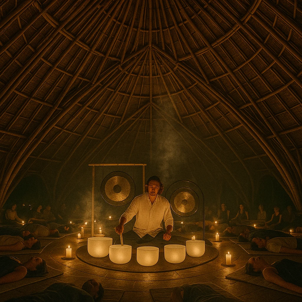 Massive bamboo pyramid interior filled with soft candlelight, sound healer playing crystal bowls and gongs, people lying peacefully on mats, mystical sacred atmosphere, cinematic and immersive.
