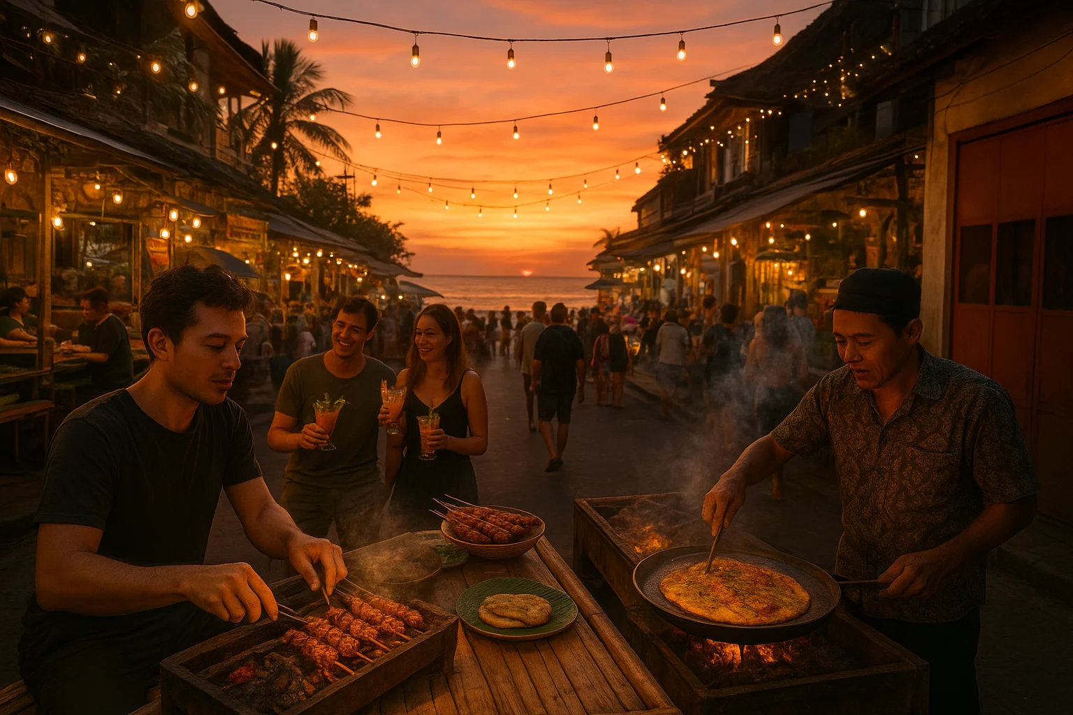 Local Balinese night market in Denpasar, street vendors cooking ayam taliwang and bakso under warm lantern light, bustling crowd, aromatic steam rising, vibrant colorful food displays, authentic and raw urban vibe, travel documentary style.