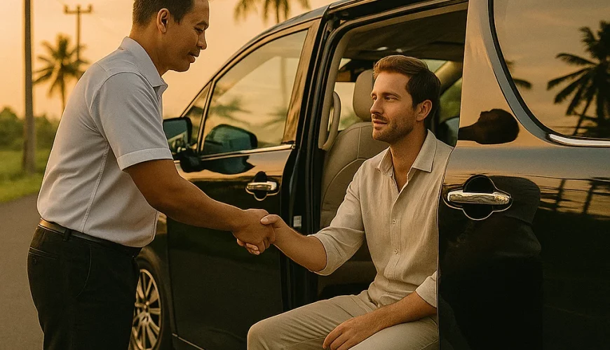 Luxurious private car transfer in Bali, professional driver assisting a guest with gentle care, sanitized vehicle, calm sunset road, premium service vibe, editorial lifestyle shot