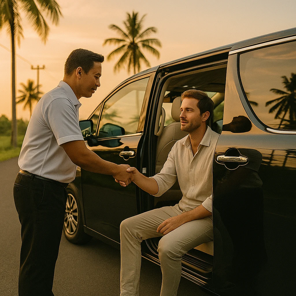 Luxurious private car transfer in Bali, professional driver assisting a guest with gentle care, sanitized vehicle, calm sunset road, premium service vibe, editorial lifestyle shot