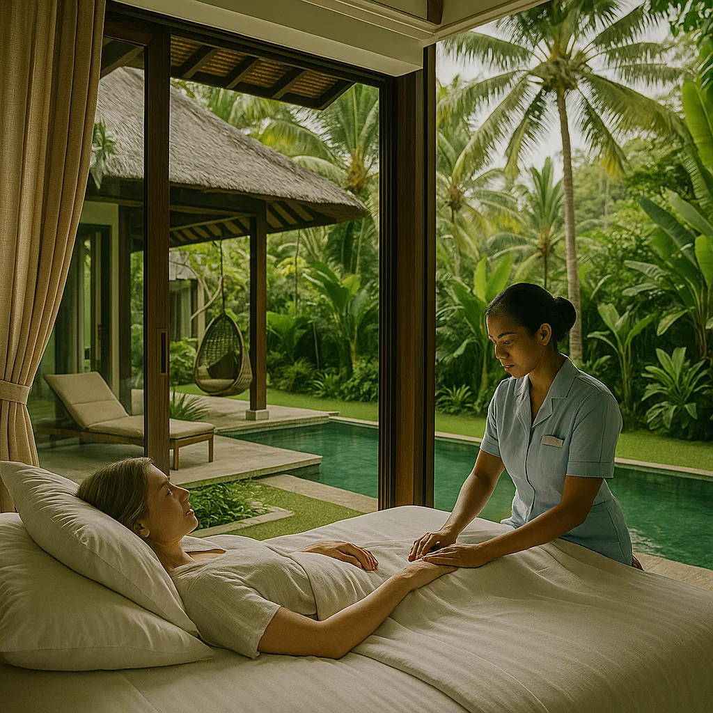 Private Bali villa recovery retreat, infinity pool overlooking rice terraces, tropical flowers, cozy shaded lounge, peaceful vibe, patient resting with a book, natural healing atmosphere, cinematic photography