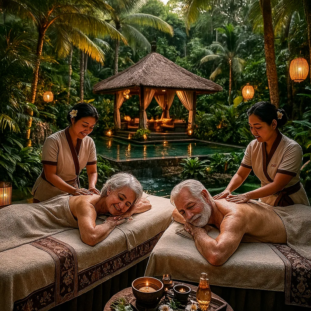 An elderly couple enjoying a gentle Balinese massage at a luxury spa in Ubud, surrounded by natural greenery and calming decor, with soft lighting and a relaxing vibe.