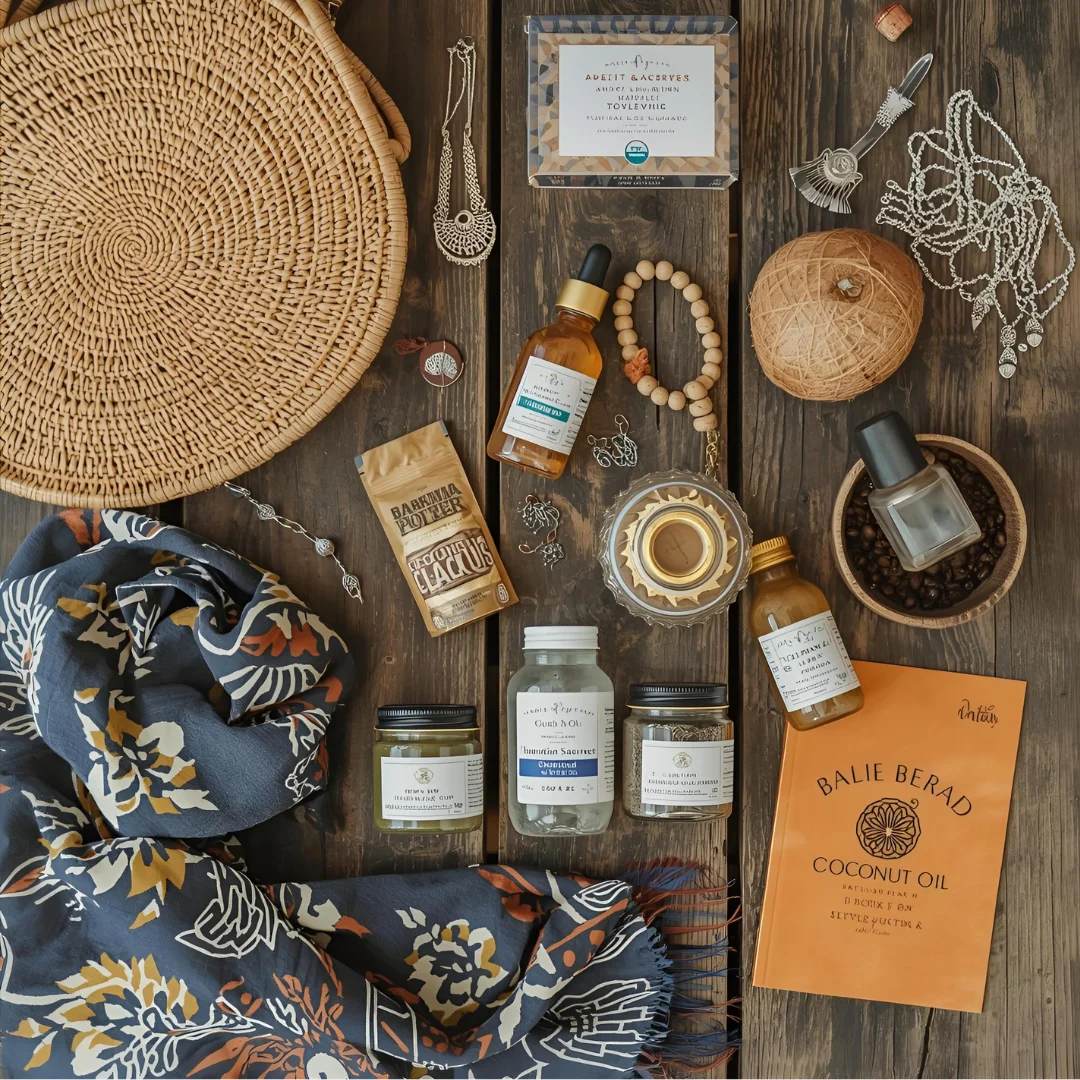 Flat lay of Bali souvenirs on a wooden table: rattan bags, silver jewelry, organic skincare products, batik scarves, Balinese coffee beans, coconut oil bottles.