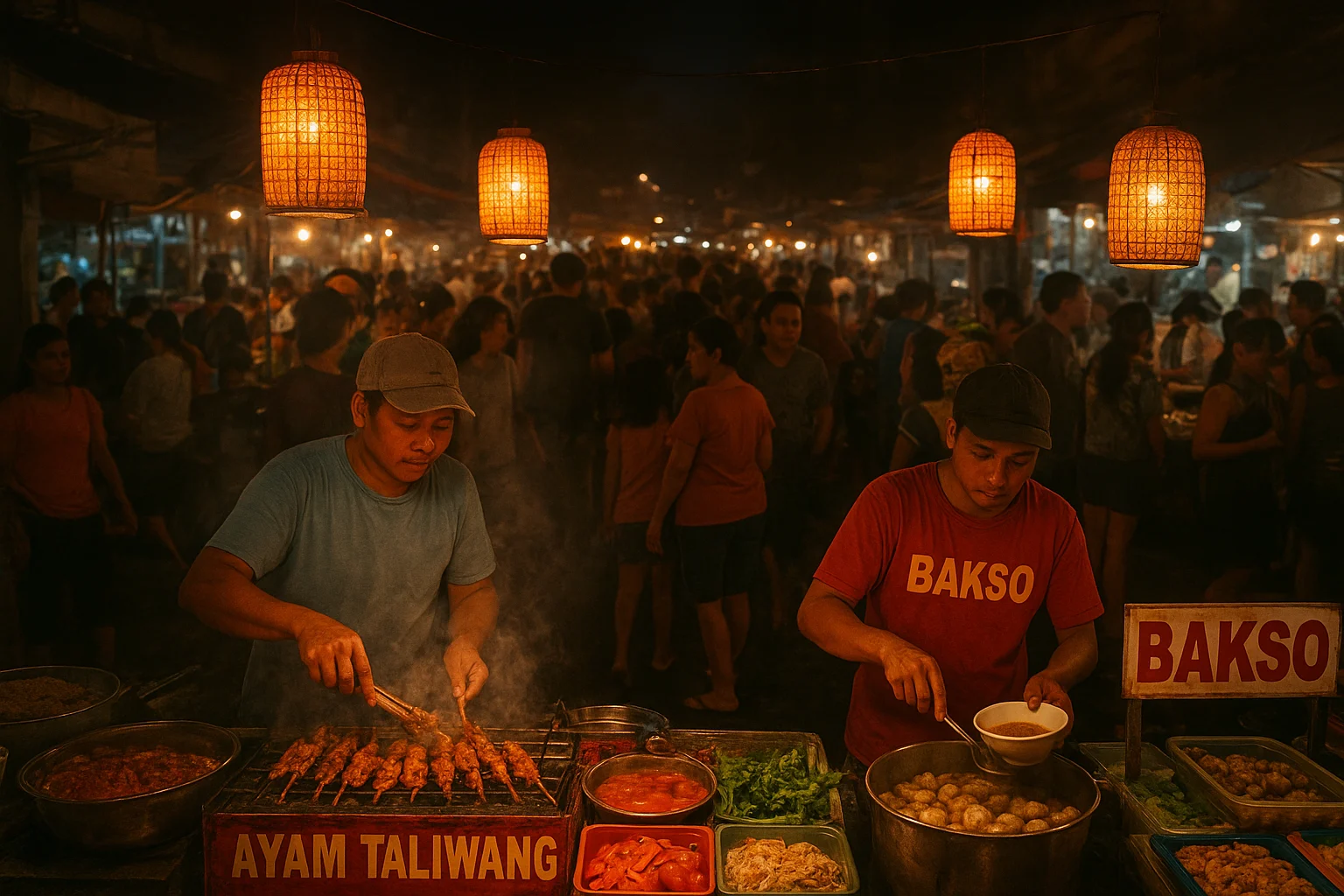 Bustling Seminyak night street market, sizzling satay grills, colorful martabak being flipped, people holding tropical cocktails on a rooftop, glowing fairy lights, golden sunset reflecting on the coast, lively nightlife atmosphere.