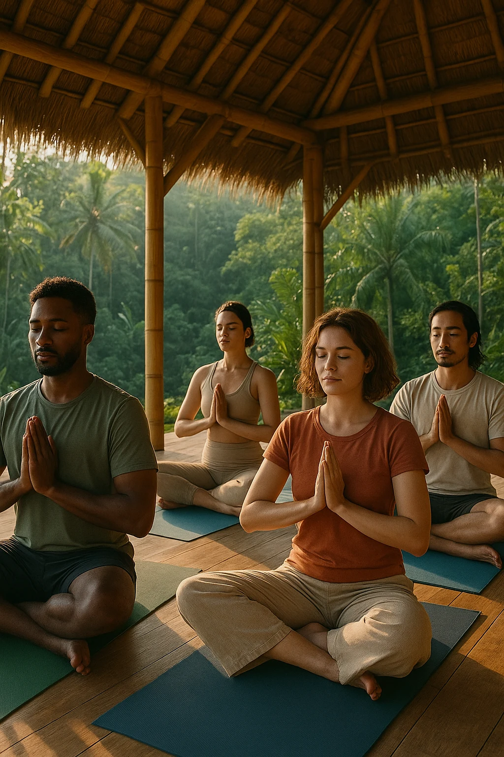 Group of diverse travelers practicing yoga together in a bamboo shala in Ubud, natural light streaming in, vibrant and inclusive energy, eco-conscious vibe, editorial lifestyle shot.