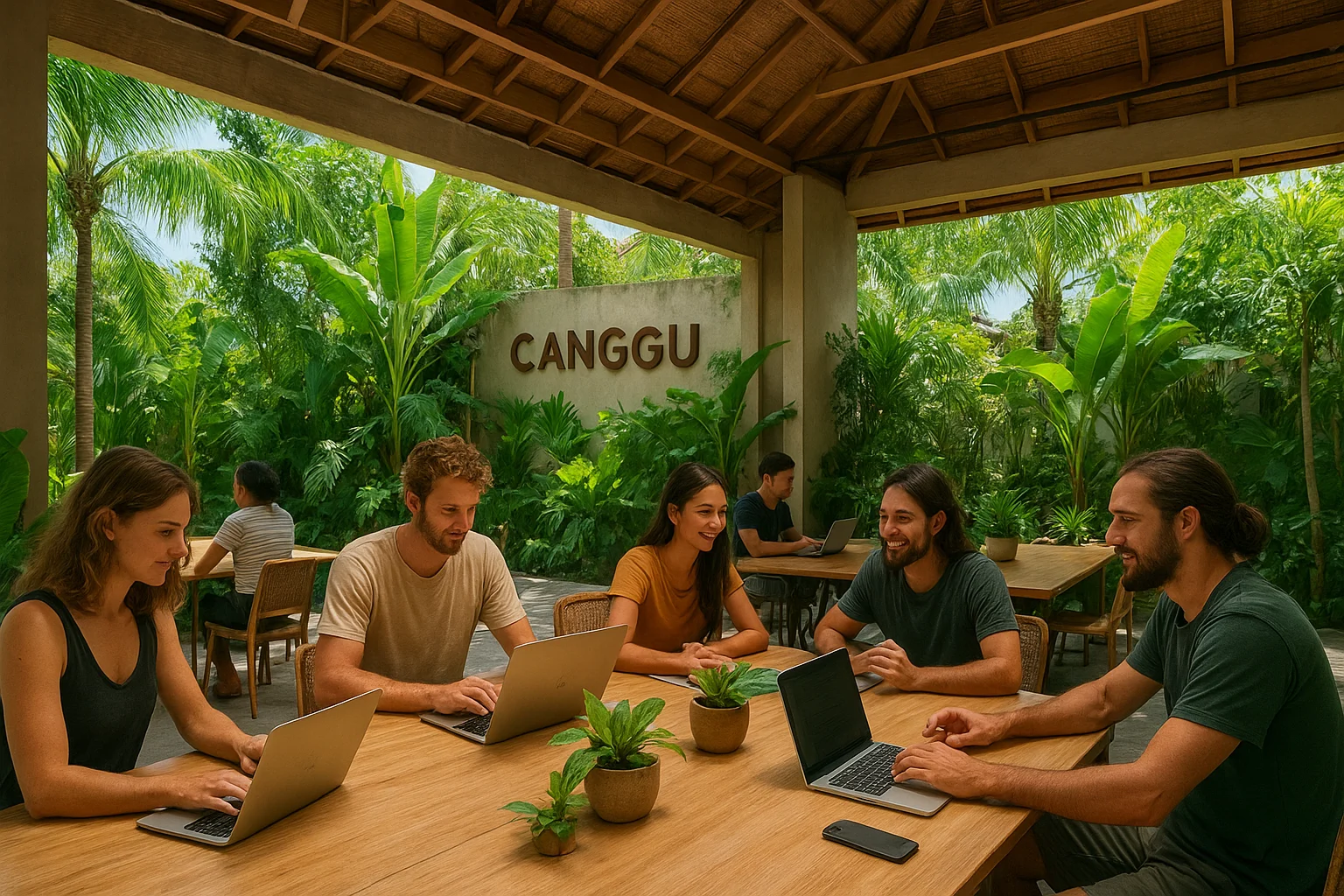 Coworking space in Canggu with digital nomads working in a tropical setting.