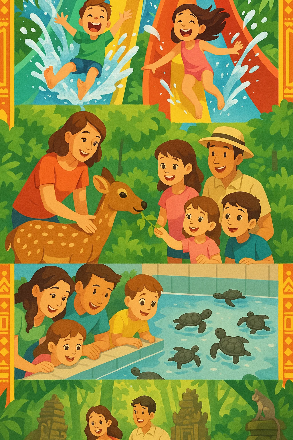 Collage-style scene of three Bali regions: Ubud – lush rice terraces and a traditional temple. Canggu – hip café and surfboards on a sandy beach. Sanur – calm, shallow beach with a stroller on the walkway. Playful labels like “Nature,” “Surf,” and “Relaxation.” Vibrant and travel-inspiring