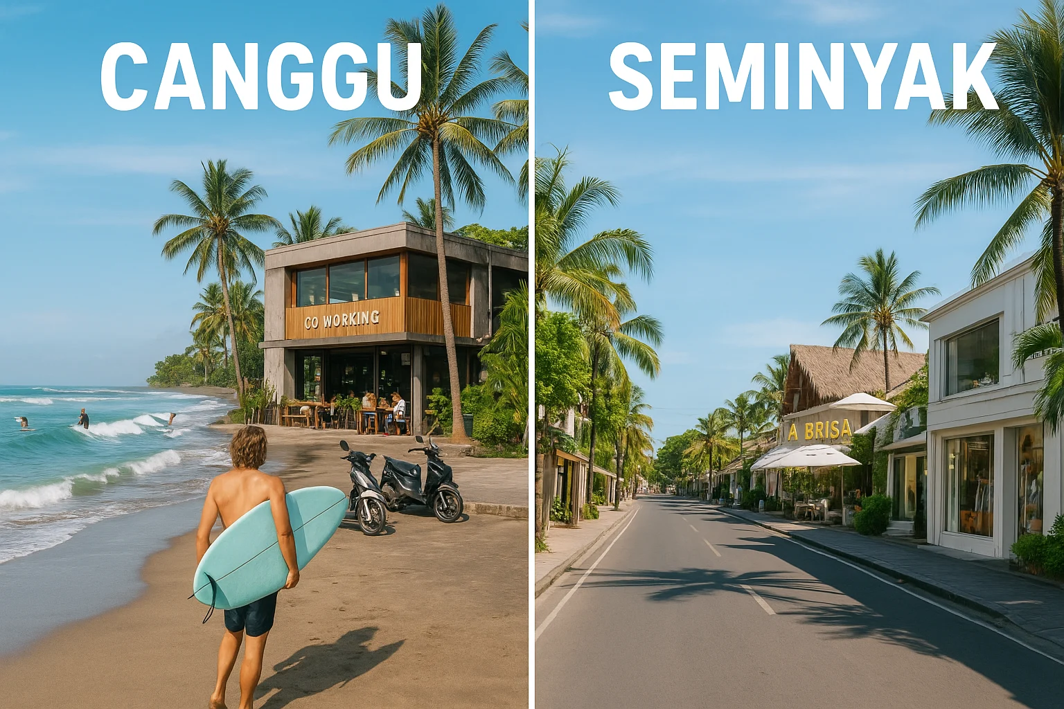 Canggu’s bustling coworking and surf vibe contrasted with Seminyak’s stylish beach town atmosphere in Bali.
