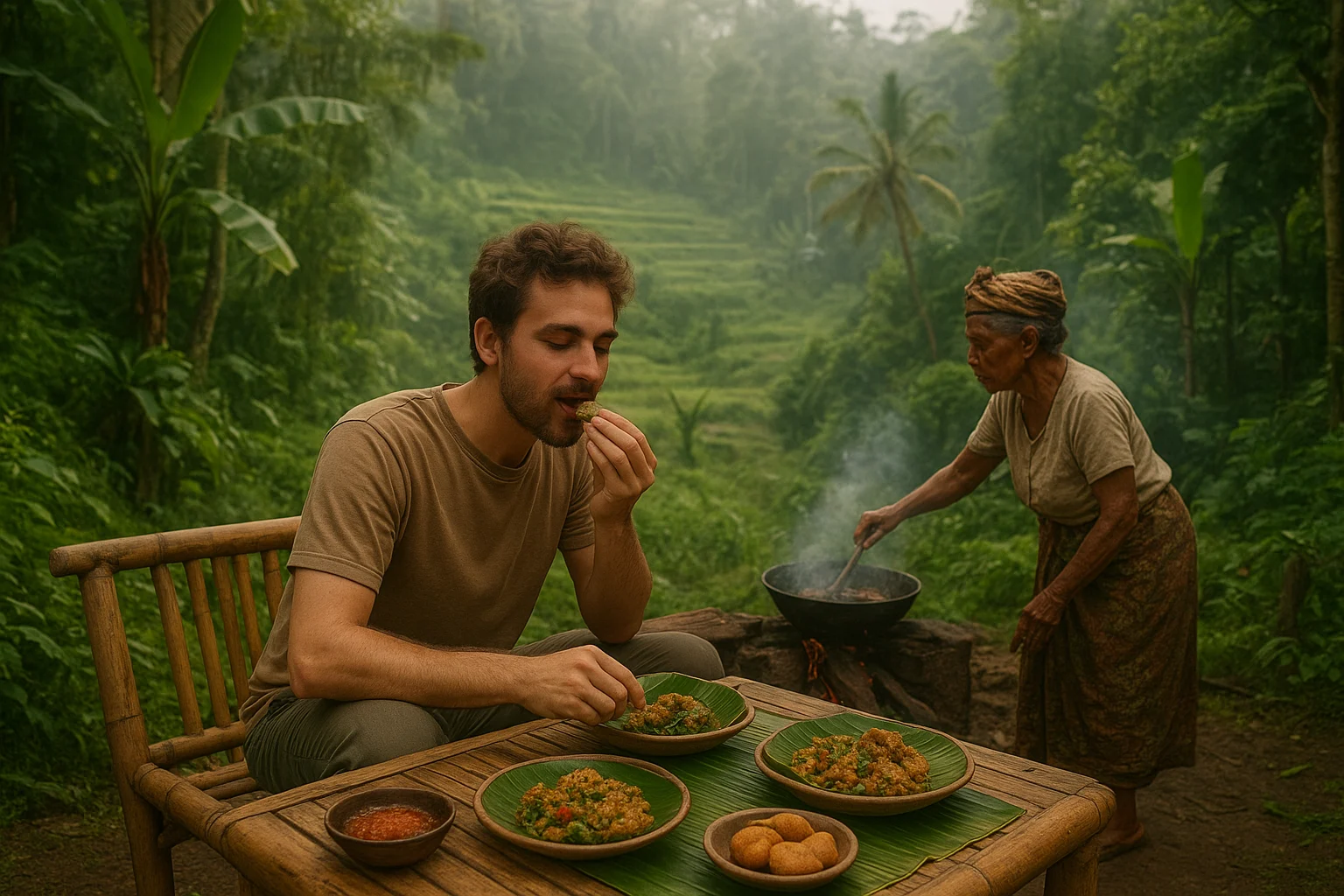 Traveler sitting at a rustic bamboo table in Ubud, tasting lawar and jaje laklak, surrounded by lush jungle and rice terraces, a grandmother cooking over a wood fire nearby, soft mist and tropical greenery, authentic Balinese village vibe, storytelling photo style.
