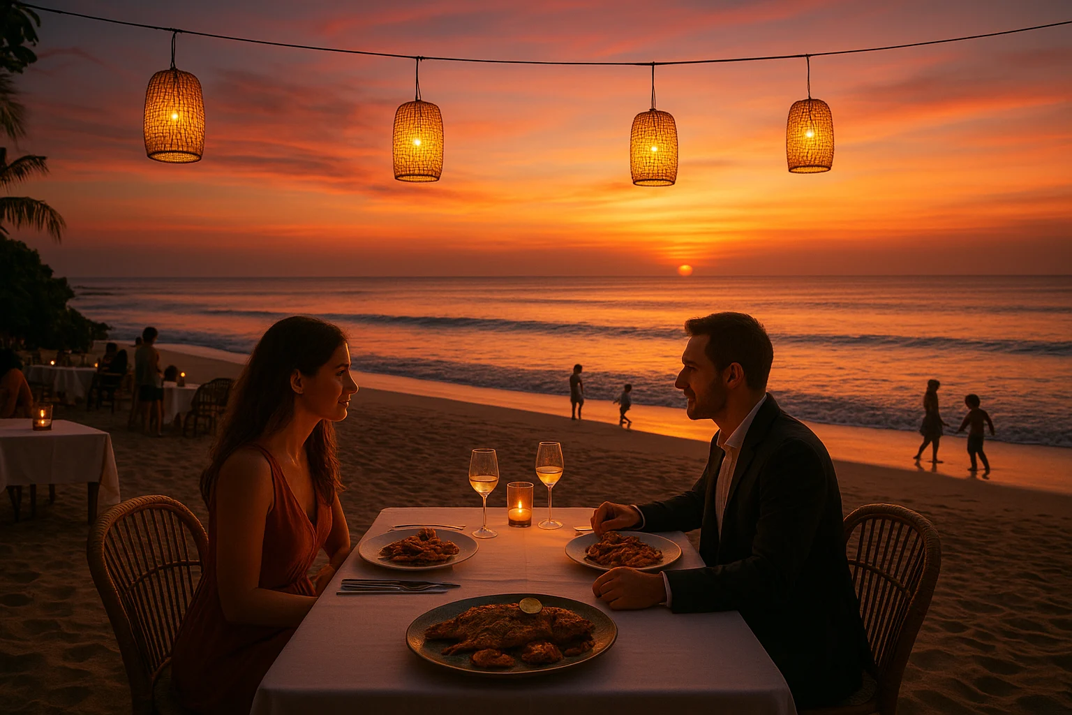Romantic beachfront dinner in Jimbaran, tables directly on the sand, grilled snapper and squid served with sambal, glowing lanterns hanging overhead, families and couples enjoying the view, kids playing near the gentle waves, stunning orange-pink sunset horizon.