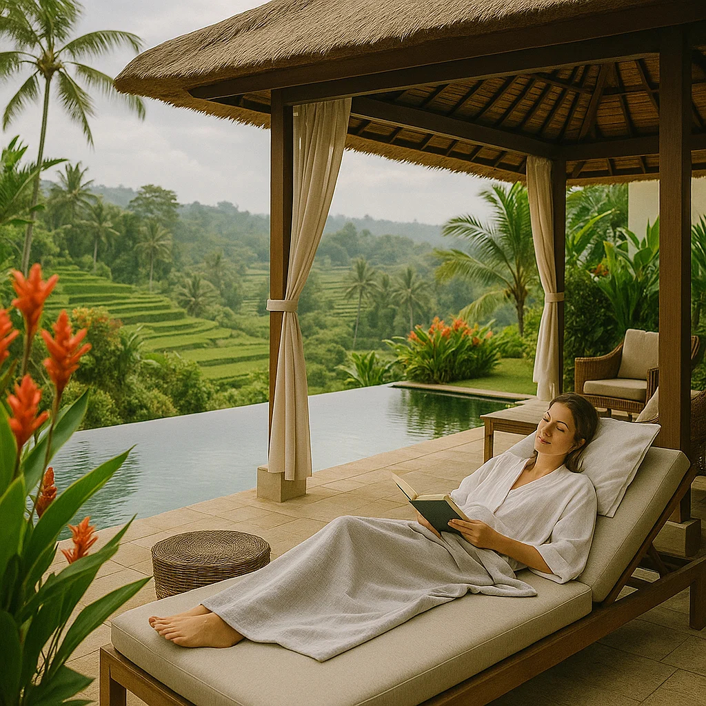 Luxurious private car transfer in Bali, professional driver assisting a guest with gentle care, sanitized vehicle, calm sunset road, premium service vibe, editorial lifestyle shot