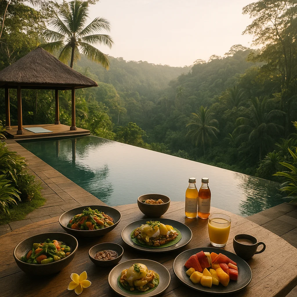 Ultra-luxury wellness villa hidden in the Balinese jungle, infinity pool overlooking lush green hills, elegant yoga pavilion, healthy farm-to-table breakfast served on a rustic wooden table, serene and cinematic.