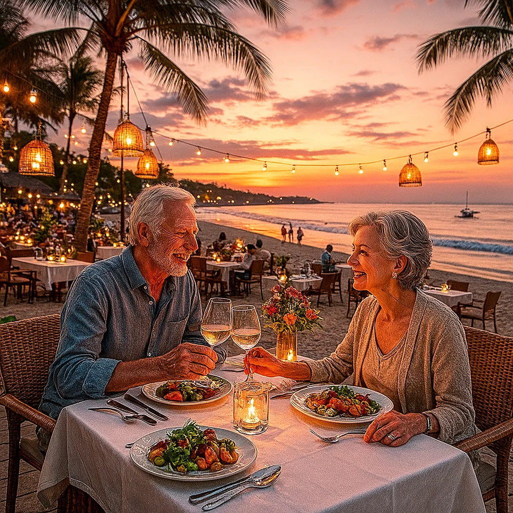 An elderly couple enjoying a peaceful dinner at a beachfront café in Jimbaran, Bali, with lanterns and a soft sunset glow over the ocean, cozy and romantic setting.