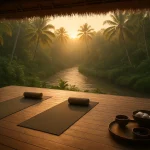 A tranquil Balinese jungle retreat at sunrise, yoga mats laid on an open-air wooden deck, soft golden light filtering through palm trees, flowing river nearby, minimalistic spa elements, serene atmosphere, cinematic, editorial travel photography.