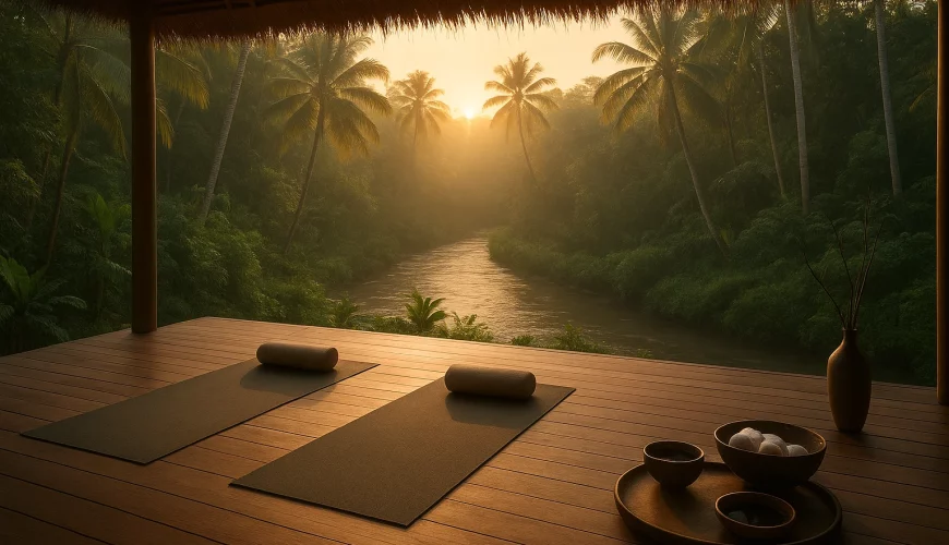 A tranquil Balinese jungle retreat at sunrise, yoga mats laid on an open-air wooden deck, soft golden light filtering through palm trees, flowing river nearby, minimalistic spa elements, serene atmosphere, cinematic, editorial travel photography.