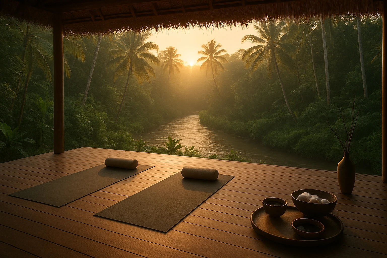 A tranquil Balinese jungle retreat at sunrise, yoga mats laid on an open-air wooden deck, soft golden light filtering through palm trees, flowing river nearby, minimalistic spa elements, serene atmosphere, cinematic, editorial travel photography.