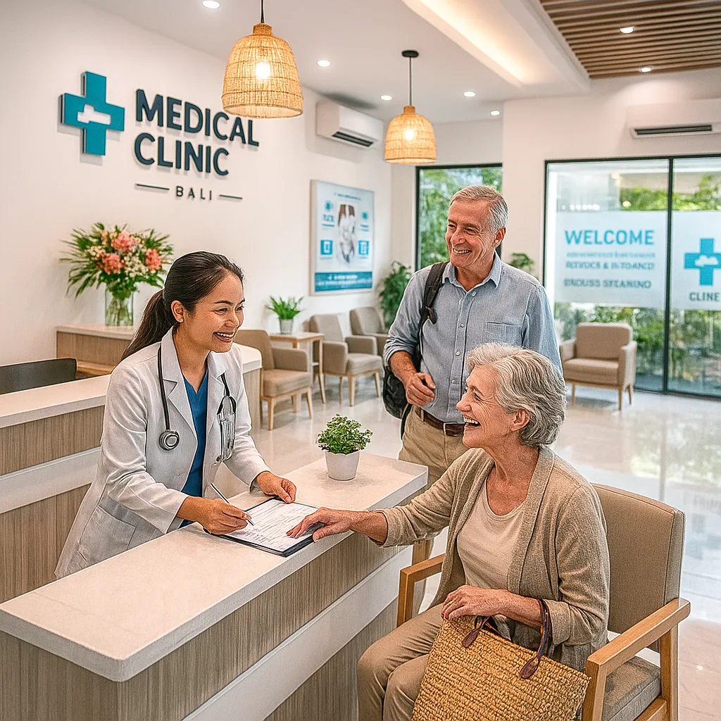 Modern, clean clinic in Bali with friendly English-speaking staff assisting a senior traveler. Safe and professional environment, with soft lighting and clear signage
