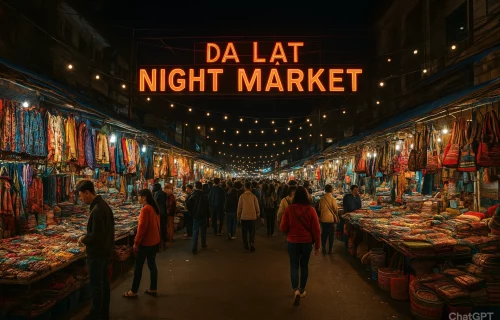 A bustling market with street food, local produce, souvenirs, and a lively evening vibe perfect for exploring.