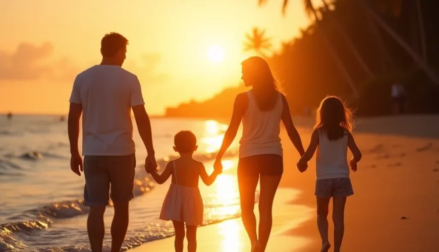 Happy family of four walking along a quiet Bali beach at sunset, kids holding hands with parents, calm waves in the background, tropical palm trees swaying, golden light, dreamy family vacation vibes, vibrant yet natural colors