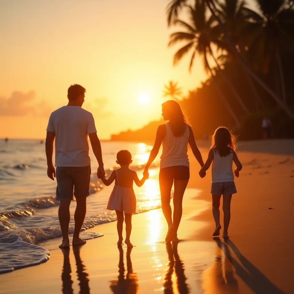 Happy family of four walking along a quiet Bali beach at sunset, kids holding hands with parents, calm waves in the background, tropical palm trees swaying, golden light, dreamy family vacation vibes, vibrant yet natural colors