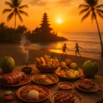 A vibrant Balinese food scene at sunset, wooden table filled with babi guling, nasi campur, satay skewers, tropical fruits, coconut drinks, incense smoke rising, temple silhouette in the background, warm golden light, lively local vibe, cinematic composition.