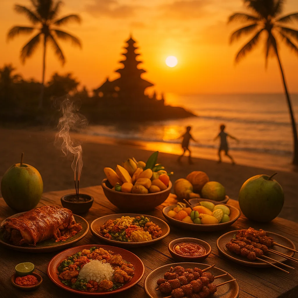 A vibrant Balinese food scene at sunset, wooden table filled with babi guling, nasi campur, satay skewers, tropical fruits, coconut drinks, incense smoke rising, temple silhouette in the background, warm golden light, lively local vibe, cinematic composition.